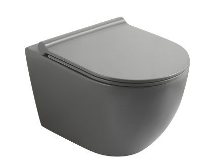 Závěsné WC BESTECO ARCO Grey Vortex Rimless matně šedá sanitární keramika se skrytým uchycením a Slim Soft-Close sedátkem Easy Take rozměr 35,5x53 cm, kód TR2196-U10