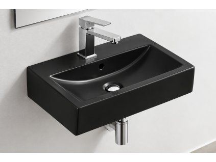 [Kód: TR4394-U18] Hranaté keramické umyvadlo Besteco Cube Black Mat 56x41 cm v matném černém provedení s otvorem pro baterii a přepadem.