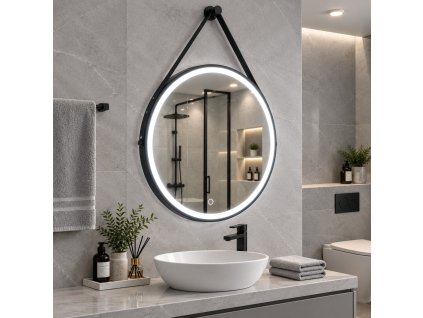 [Kód:MFD6060R] Kulaté LED zrcadlo Ø 60 cm s matným černým hliníkovým rámem a nastavitelnou barvou světla zavěšené na stěně v koupelně.