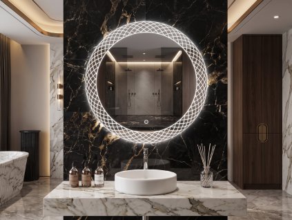 [Kód:MMH8080R] Kulaté LED zrcadlo Ø 80 cm se zdobeným designovým okrajem a funkcí plynulé změny teploty barvy světla.