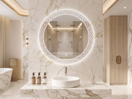 [Kód:MMH6060R] Kulaté LED zrcadlo Ø 60 cm se zdobeným designovým okrajem a funkcí plynulé změny teploty barvy světla.
