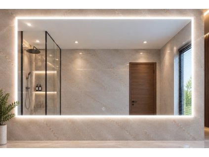 [Kód: MLS18120] Velké obdélníkové LED zrcadlo 180x120 cm rozsvícené v interiéru s detailem dotykového spínače.