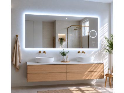 [Kód: MLS6514MA-TIME] Obdélníkové LED zrcadlo 140x65 cm v koupelně s rozsvíceným detailem kosmetické lupy a digitálních hodin.