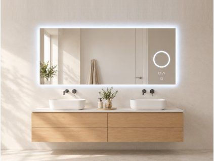 [Kód: MLS6516MA-TIME-H] Velkoformátové LED zrcadlo Bright Time 160x65 cm s digitálním ukazatelem času, integrovaným kosmetickým zrcátkem a podsvícením.