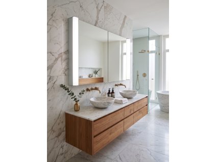Podomítková zrcadlová skříňka BESTECO Walle SLIM 75x76 cm pro zabudování do zdi s LED osvětlením oboustranná zrcadlová dvířka vnitřní hloubka 14 cm nerezavějící hliníkový korpus, kód WALLE7576