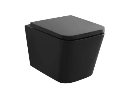 Závěsné WC BESTECO ORLO hranatý design černá matná barva bezokrajové Rimless splachování kompaktní délka 36x51 cm včetně tenkého Slim Soft-Close sedátka, kód TR2216-U18