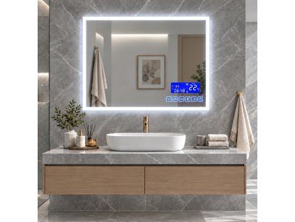 [Kód:MLE6508-LCD] Obdélníkové LED zrcadlo 80x65 cm v interiéru s detailem digitálního displeje zobrazujícího čas, datum a vnitřní teplotu.
