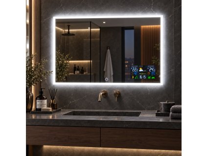[Kód: MLE65-100TD] Obdélníkové LED zrcadlo 100x65 cm s detailem rozsvíceného digitálního smart panelu zobrazujícího informace o počasí.