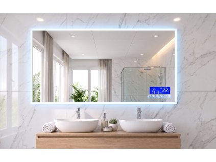 [Kód: MLE6512-LCD] Obdélníkové LED zrcadlo 120x65 cm zavěšené v interiéru s detailem svítícího displeje hodin a Bluetooth reproduktoru.