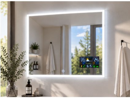 [Kód:MLE65-080TD] Obdélníkové LED zrcadlo 80x65 cm v koupelně s rozsvíceným detailem digitálního smart panelu s meteostanicí.