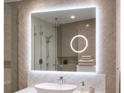 BESTECO Magnify LED zrcadlo 60x65 cm se studeným bílým podsvícením a integrovanou 5x zvětšovací lupou nad umyvadlem.