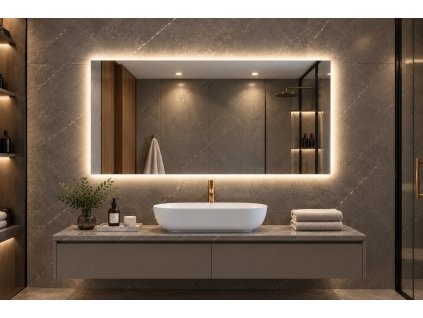 Velké obdélníkové LED zrcadlo 150x70 cm v koupelně s integrovanou funkcí aktivního odmlžování a dotykovým spínačem. [Kód:MLSB70-150H]