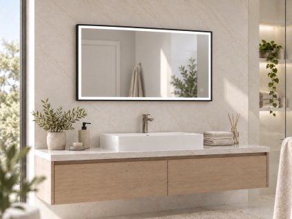 [Kód: MFA12600] Obdélníkové LED zrcadlo 120x60 cm v koupelně s matným černým rámem a nastavitelnou barvou světla.