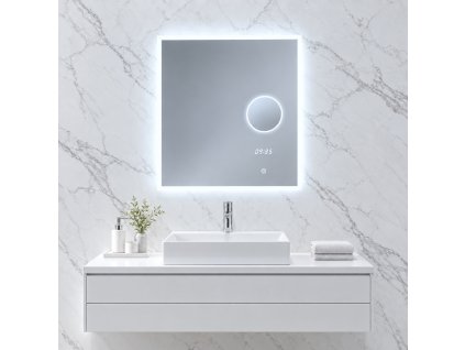 Obdélníkové LED zrcadlo BESTECO Magnify 60x65 cm s integrovaným 5× zvětšovacím zrcátkem Kód:mls6506ma-time