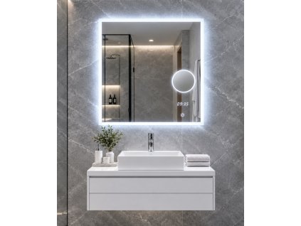 Obdélníkové LED zrcadlo BESTECO Magnify 60x65 cm s integrovaným 5× zvětšovacím zrcátkem Kód:mls6506ma-time