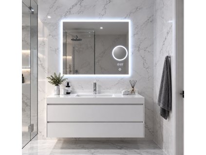 Koupelnové LED zrcadlo BESTECO Bright Time 80x65 cm nastavitelná barva světla CCT hodiny kosmetická lupa 5x funkce odmlžování hliníkový korpus, kód MLS6508MA-TIME-H
