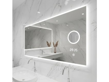 [Kód:MLS6510MA-TIME-H] Obdélníkové LED zrcadlo 100x65 cm v koupelně s rozsvíceným detailem kosmetické lupy a digitálních hodin.