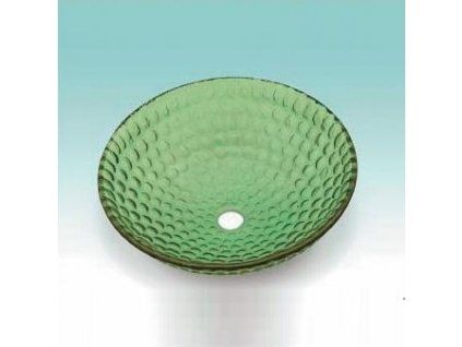 [Kód: GB4200] Zelené transparentní skleněné umyvadlo na desku besteco Green Bubble o průměru 42 cm, detail masivního 12mm tvrzeného bezpečnostního skla a krystalických odlesků světla.