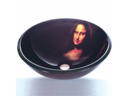 Vícebarevné umělecké skleněné umyvadlo na desku besteco Mona Lisa o průměru 42 cm, detail unikátního malovaného dekoru a masivních leštěných hran tvrzeného bezpečnostního skla.