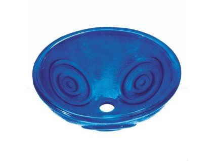 Modré skleněné umyvadlo na desku besteco Atlantis o průměru 42 cm, detail transparentní struktury a leštěné hrany tvrzeného bezpečnostního skla.