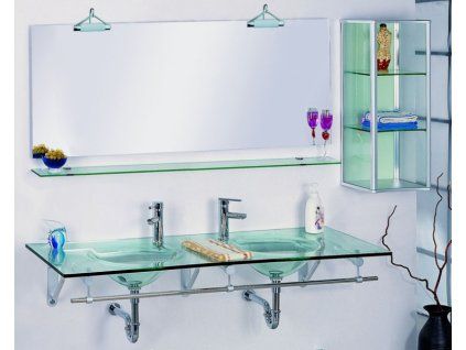 Skleněné dvojumyvadlo BESTECO AQUAPURA 120x50 cm závěsné na stěnu transparentní čiré sklo tloušťka 19mm, kód A025