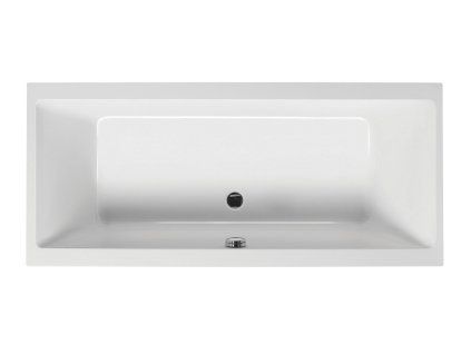 Produktový pohled shora na bílou akrylátovou obdélníkovou vanu Varia 190x90 cm s moderním symetrickým vnitřním tvarem a odtokem uprostřed. Kód:SAVAR190