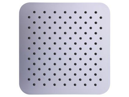 Pohled na spodní stranu tenké hranaté nerezové hlavové sprchy 15x15 cm v chromu se silikonovými tryskami.