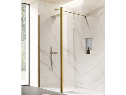 Zlatá sprchová zástěna Walk-In BESTECO Lagos Gold 80-140 cm bezpečnostní 8mm sklo s nastavitelnou vzpěrou