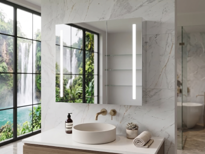 Zrcadlová skříňka BESTECO Smart 80x70 cm s LED osvětlením displej hodiny vnitřní elektrická zásuvka oboustranná zrcadlová dvířka hloubka 14 cm nerezavějící hliníkový korpus, kód MSC80X70