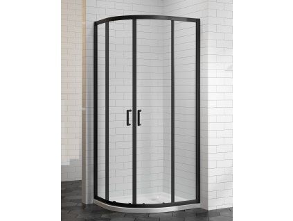 [Kód: ISA-2025/90] Čtvrtkruhový sprchový kout BESTECO Hammer Black 90x90 cm detail černého matného profilu a čirého bezpečnostního skla.