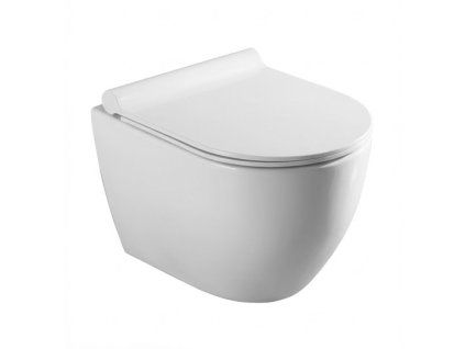 [Kód: BE2196] Závěsné WC BESTECO Arco bílé Rimless 35,5x48,5 cm detail zkrácené mísy a SLIM Soft-Close sedátka.