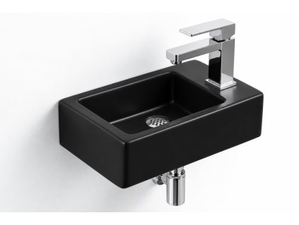 Besteco Brainy Keramické umývátko na WC 37x23 cm, s otvorem pro baterii vpravo, černé