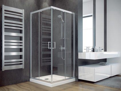 Čtvercový sprchový kout BESCO Modern 185 rozměry 90x90 cm chromovaný hliníkový korpus 6mm bezpečnostní čiré sklo posuvné dveře výška 185 cm doporučujeme s vaničkou