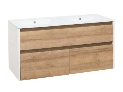 Skříňka s keramickým dvojumyvadlem DUOMO 121x46 cm Bílá lesk/Dub riviera