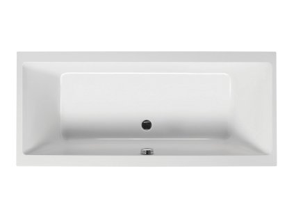 Produktový pohled shora na bílou akrylátovou obdélníkovou vanu Varia 200x90 cm s moderním symetrickým vnitřním tvarem a odtokem uprostřed. Kód:SAVAR200