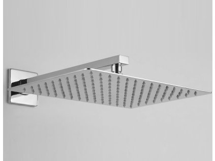 Velká nerezová obdélníková hlavová sprcha Slim 50x30 cm v chromovém provedení upevněná na nástěnném rameni.