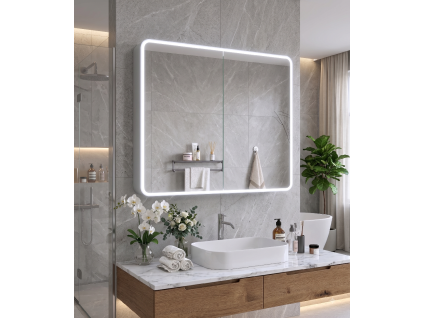 [Kód: MS-CR8070] Zrcadlová skříňka BESTECO King 80x70 cm s oblými rohy, pískovaným okrajem a LED osvětlením, vybavená panty Blum.