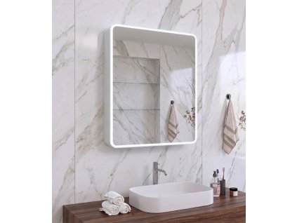 [Kód: MC-CR6070] Zrcadlová skříňka BESTECO King 60x70 cm s oblými rohy, pískovaným okrajem a LED osvětlením, vybavená panty Blum.