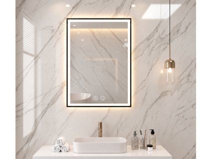 [Kód: MFA6075SH] Obdélníkové LED zrcadlo BESTECO 60x75 cm s matně černým hliníkovým rámem, předním i zadním osvětlením a dotykovým panelem.