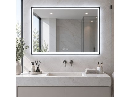 [Kód: MFA1075S-8-H] Obdélníkové LED zrcadlo BESTECO 100x75 cm s matně černým hliníkovým rámem, předním i zadním osvětlením a dotykovým panelem.