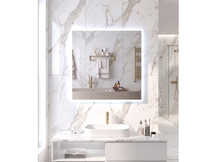 [Kód: MLES80X80-H] Čtvercové LED zrcadlo BESTECO 80x80 cm s 20mm pískovaným okrajem, předním i zadním osvětlením a dotykovým panelem.