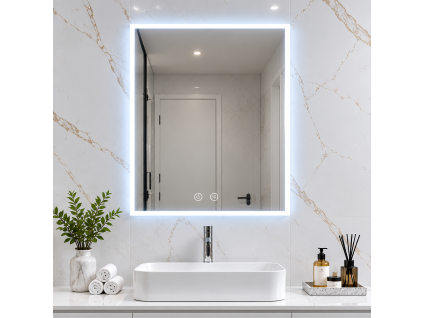 [Kód: MLES80X60-H] Obdélníkové LED zrcadlo BESTECO 80x60 cm s 20mm pískovaným okrajem, předním i zadním osvětlením a dotykovým panelem.