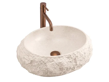 Béžové oválné umyvadlo na desku Mika Warm Beige z litého mramoru se skální texturou