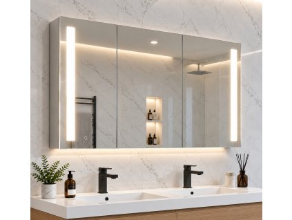 Třídveřová zrcadlová skříňka Stripe 120x70 cm s LED osvětlením nad dvojumyvadlem v světlé koupelně Kód: MARSG120