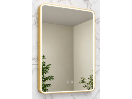 Hranaté LED koupelnové zrcadlo 60x80 cm s kartáčovaným zlatým rámem a dotykovým ovládáním, Kód:DEIRAZ6080LEDSMGK