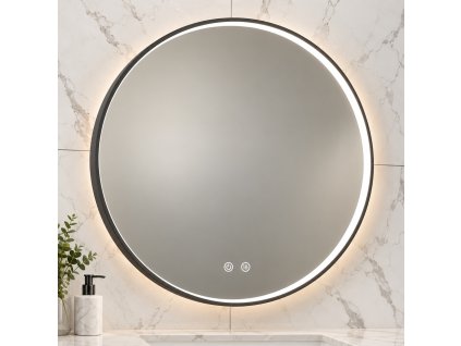 Kulaté koupelnové LED zrcadlo Deira 100 cm s kartáčovaným černým rámem a dotykovým ovládáním