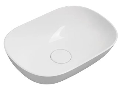 Bílé oválné umyvadlo na desku z litého mramoru 50x35 cm s designovou zátkou výpusti, Kód: ER500