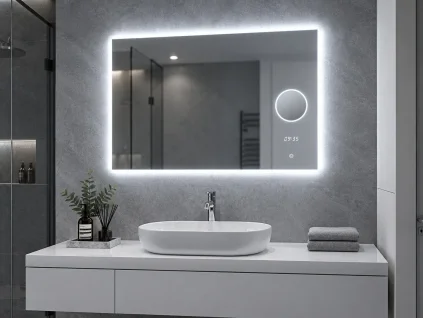 Koupelnové LED zrcadlo BESTECO Bright Time 100x65 cm se studeným bílým podsvícením, integrovanou 5x lupou a digitálními hodinami