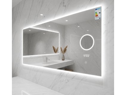 Koupelnové LED zrcadlo BESTECO Bright Time 120x65 cm se studeným bílým podsvícením, integrovanou 5x lupou a digitálními hodinami
