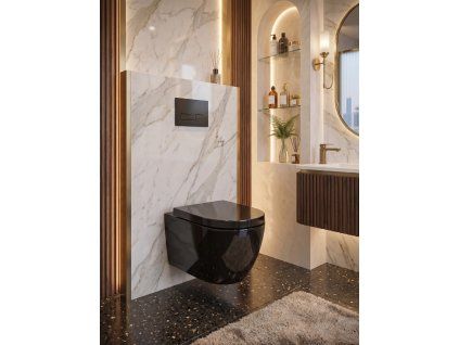 [Kód: BE2376B] Závěsné WC BESTECO Boch 37x55 cm černá sanitární keramika detail hladkého designu a Soft-Close sedátka.